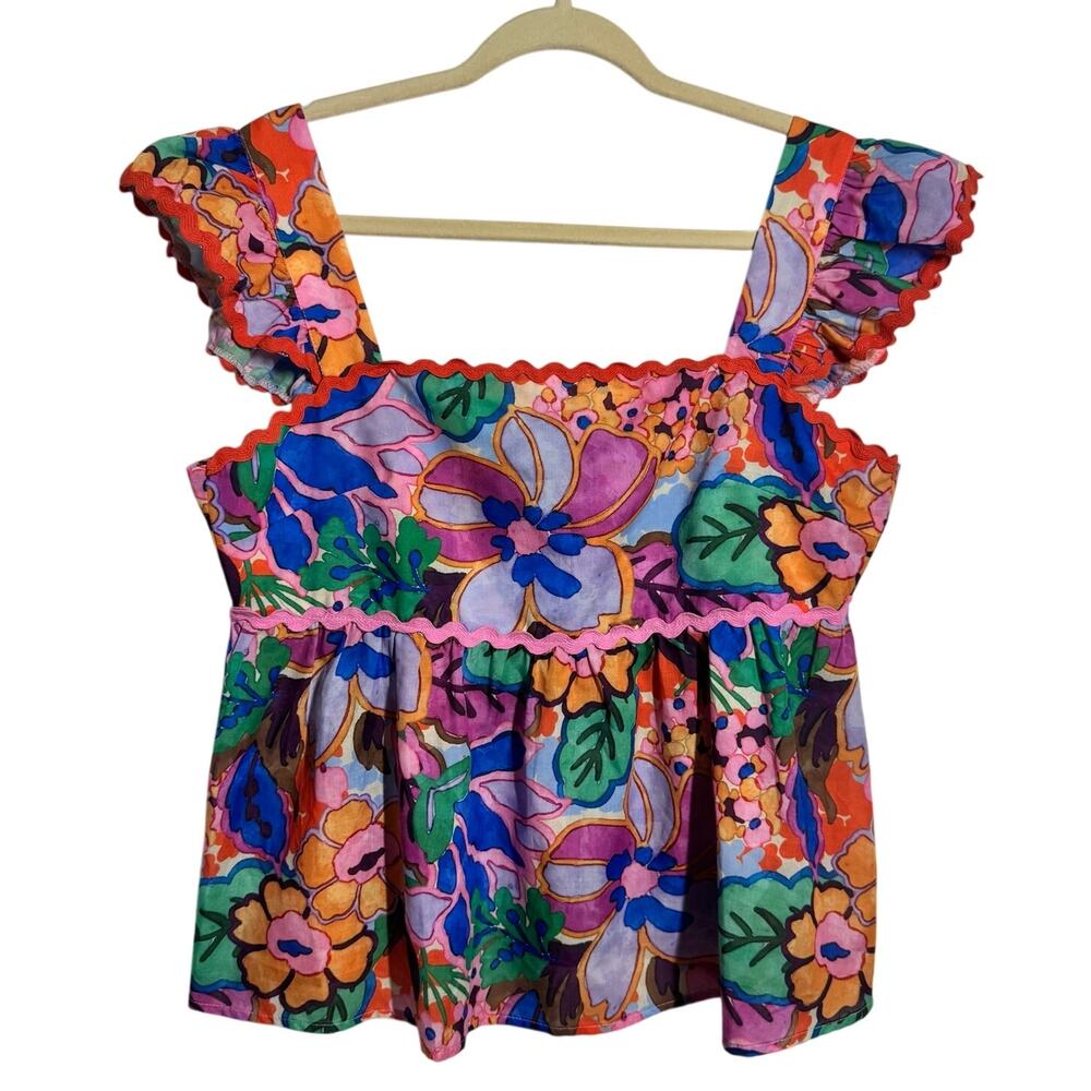 THML Colorful Tropical Floral Babydoll Top Flutter Sleeve Resort Boho L Vacation